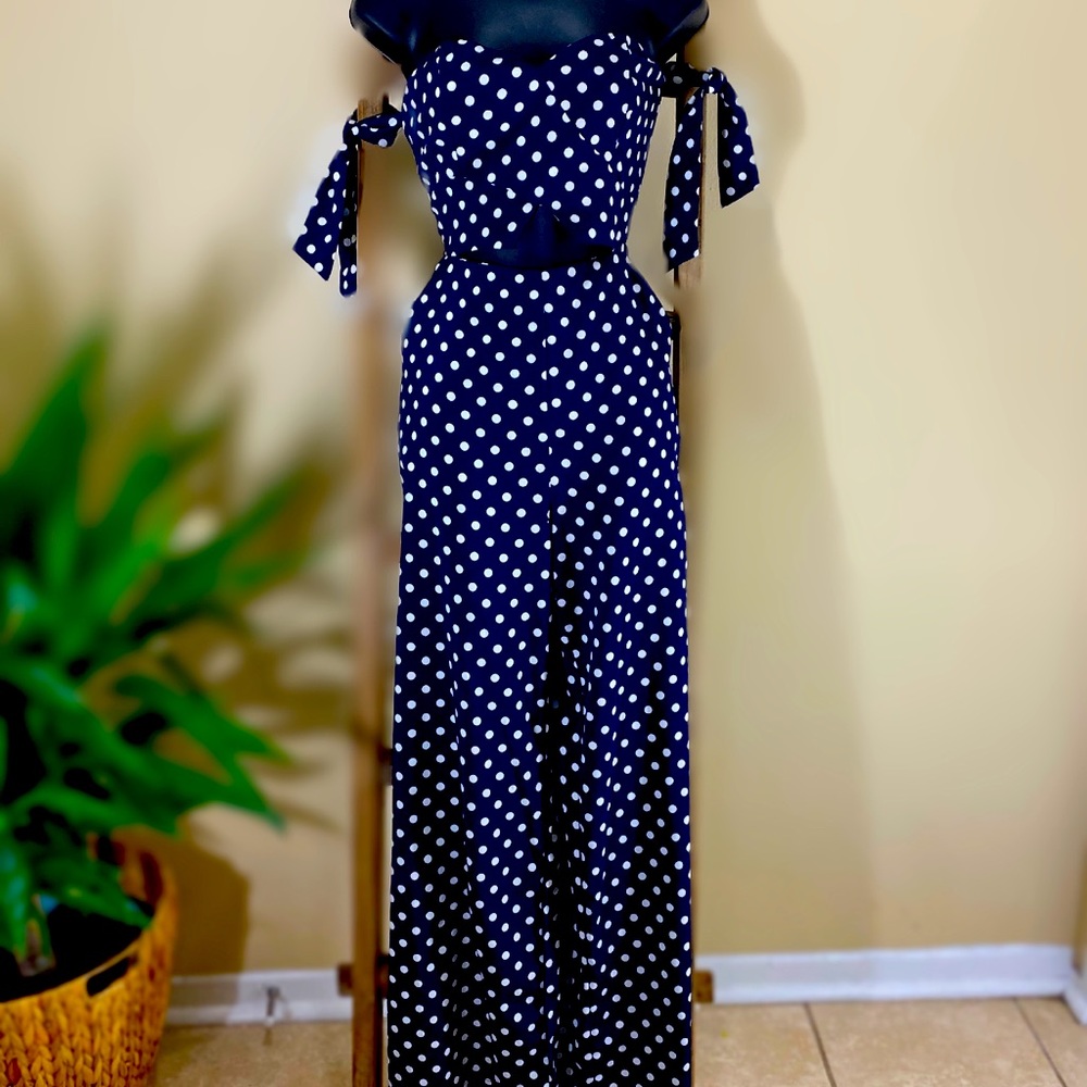 Navy Blue & White Polka Dot Strapless Jumper (M)